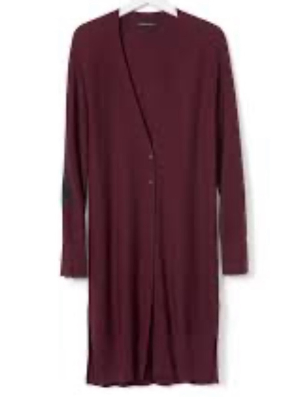 Banana Republic Long Ribbed Button Cardigan Sweater Black Elbow Patch, Wine M